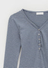 Defro Stripe Button V-Neck Long Sleeve T-Shirt