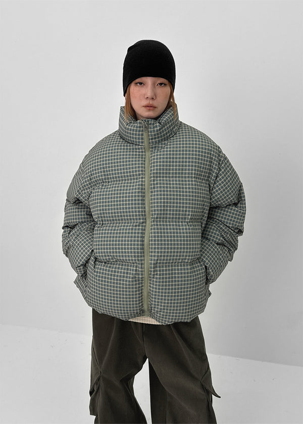 (UNISEX) Servy High-Neck Wellon Checked Padded Jacket