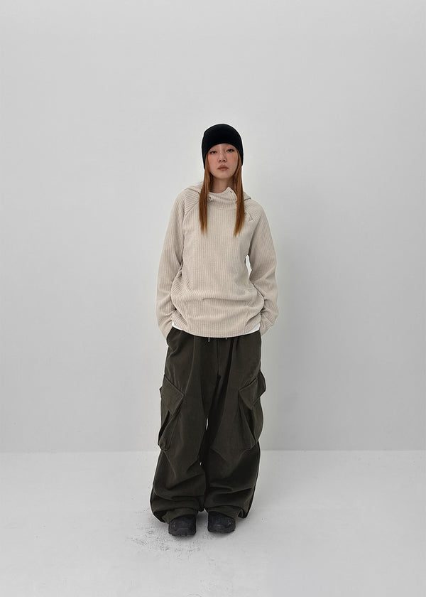 High-Flare Unbalanced Button Ribbed Hoodie