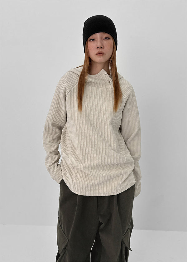 High-Flare Unbalanced Button Ribbed Hoodie