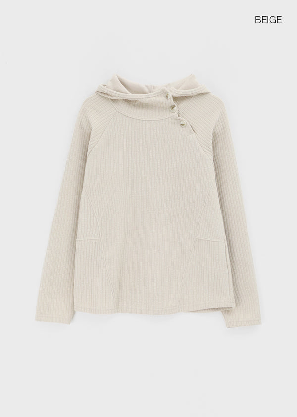 High-Flare Unbalanced Button Ribbed Hoodie