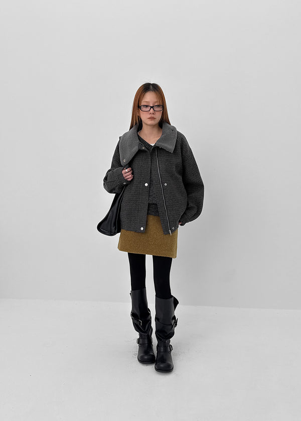 Huntel Faux Fur Collar Check Wool Jumper