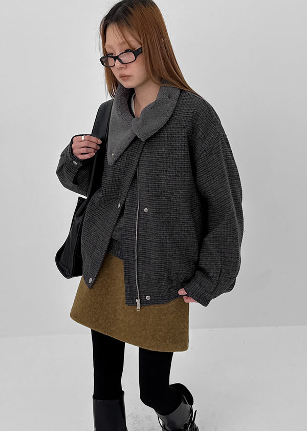 Huntel Faux Fur Collar Check Wool Jumper