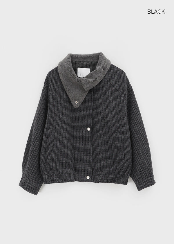Huntel Faux Fur Collar Check Wool Jumper