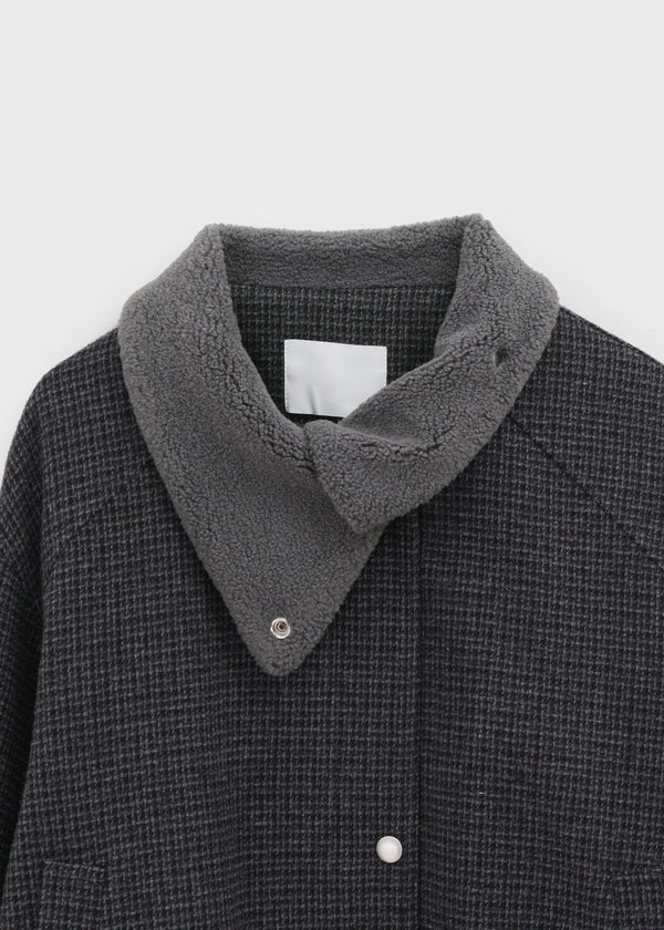 Huntel Faux Fur Collar Check Wool Jumper