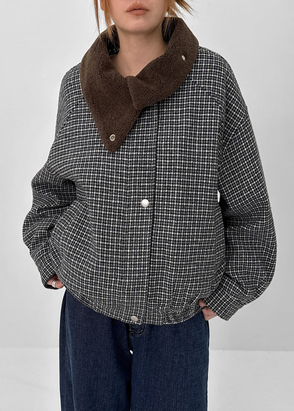 Huntel Faux Fur Collar Check Wool Jumper