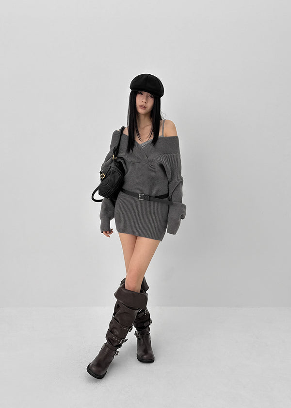 Simel Off-shoulder Button Knit Mini Dress (Belt Set)
