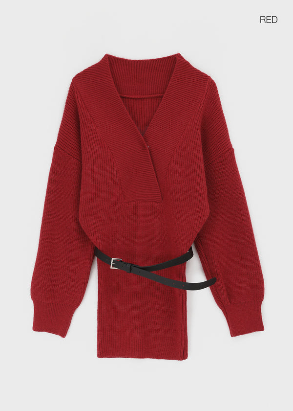 Simel Off-shoulder Button Knit Mini Dress (Belt Set)