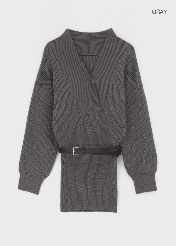 Simel Off-shoulder Button Knit Mini Dress (Belt Set)