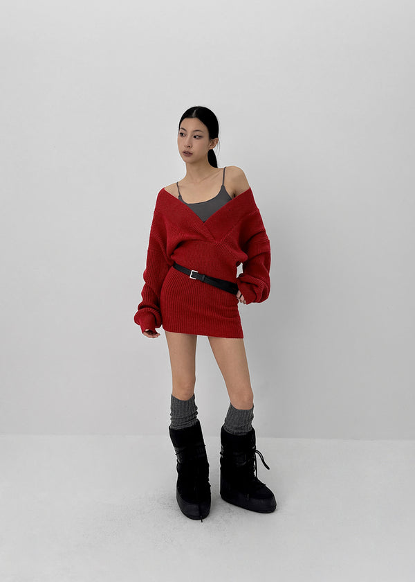 Simel Off-shoulder Button Knit Mini Dress (Belt Set)