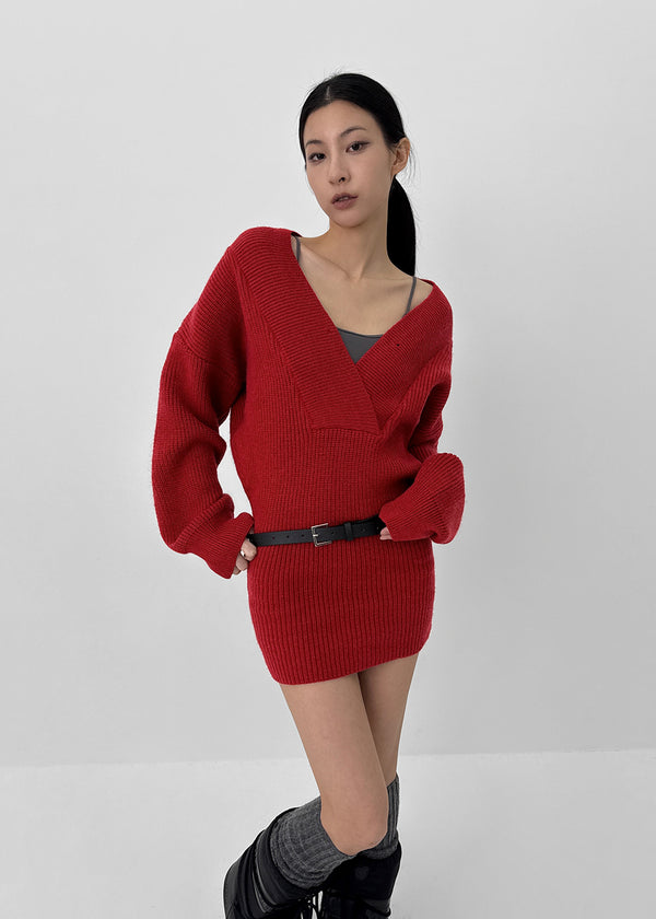 Simel Off-shoulder Button Knit Mini Dress (Belt Set)