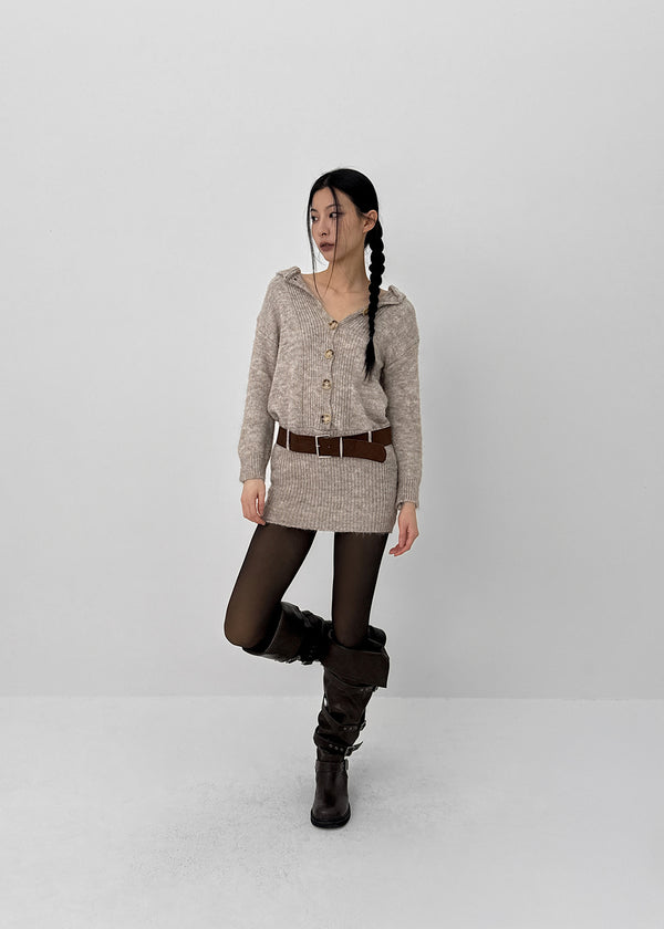 Pushu Cable Button Knit Mini Dress (Belt Set)