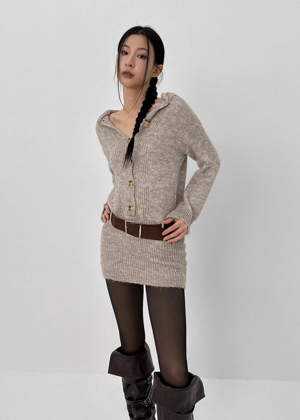 Pushu Cable Button Knit Mini Dress (Belt Set)
