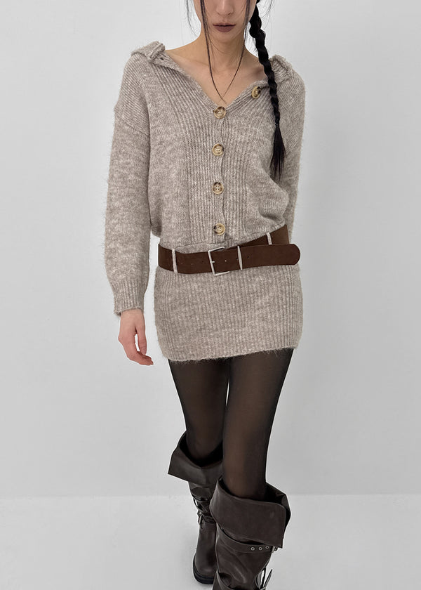 Pushu Cable Button Knit Mini Dress (Belt Set)