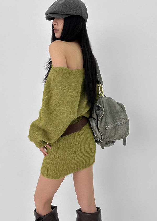 Lenge One-shoulder Loose-fit Knit Mini Dress (Belt Set)