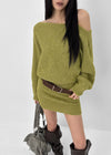 Lenge One-shoulder Loose-fit Knit Mini Dress (Belt Set)