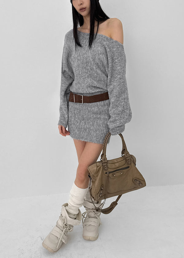 Lenge One-shoulder Loose-fit Knit Mini Dress (Belt Set)
