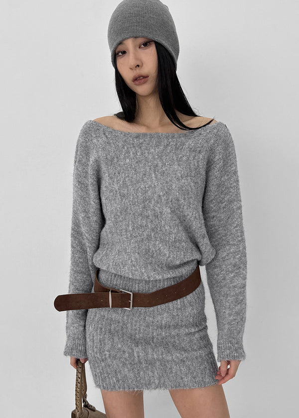 Lenge One-shoulder Loose-fit Knit Mini Dress (Belt Set)