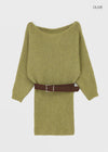 Lenge One-shoulder Loose-fit Knit Mini Dress (Belt Set)
