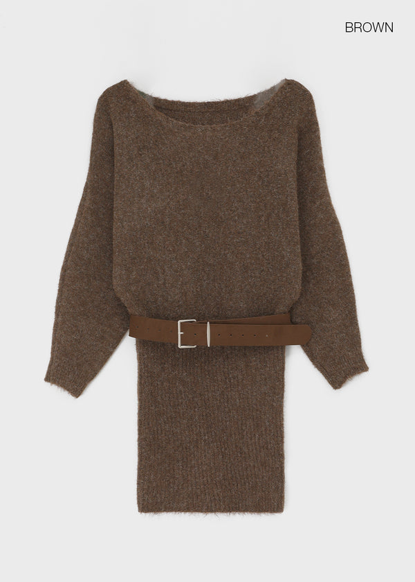 Lenge One-shoulder Loose-fit Knit Mini Dress (Belt Set)