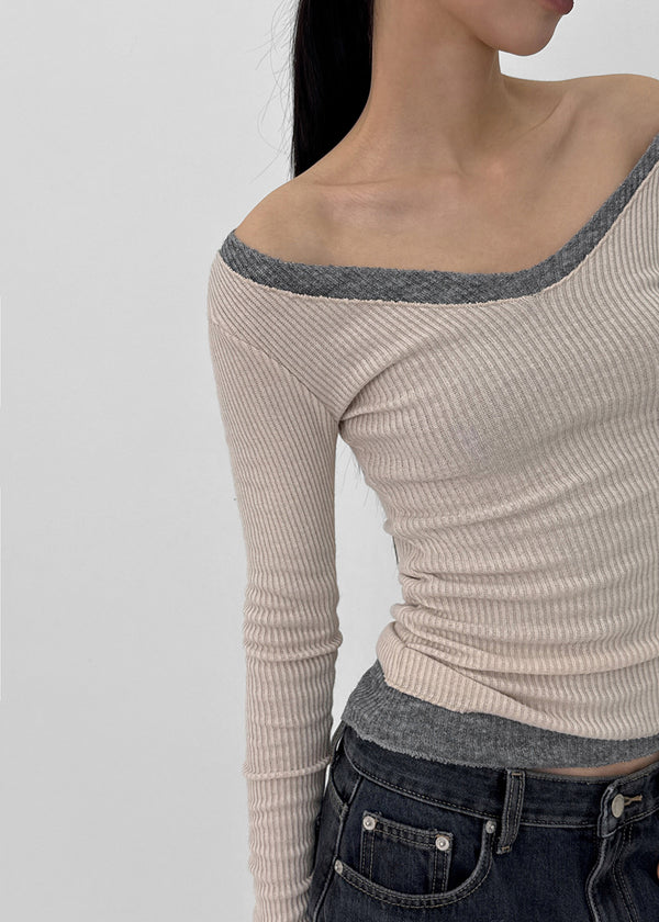 Jemper V-neck Cutout Ribbed Knit Long-sleeve Tee (33% Wool)