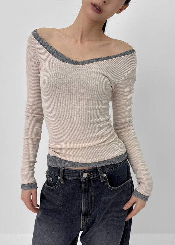 Jemper V-neck Cutout Ribbed Knit Long-sleeve Tee (33% Wool)