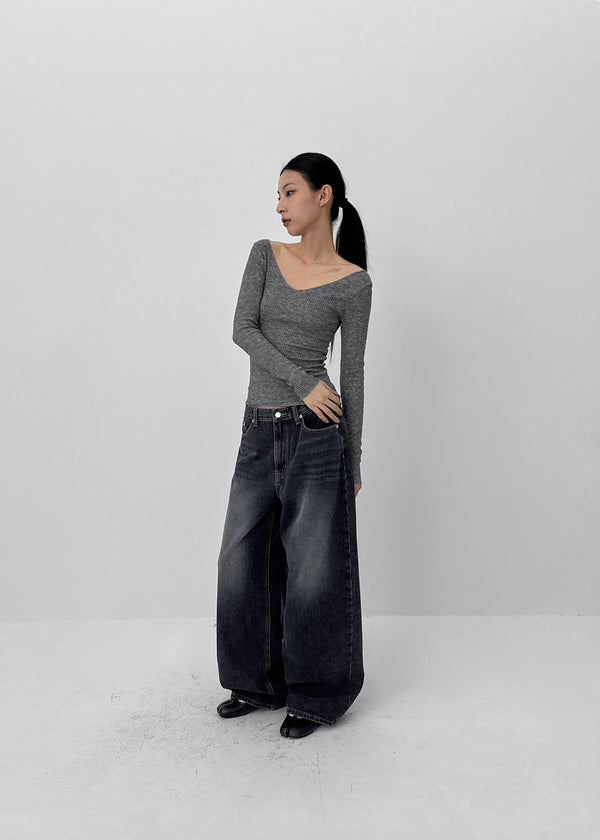 Jemper V-neck Cutout Ribbed Knit Long-sleeve Tee (33% Wool)