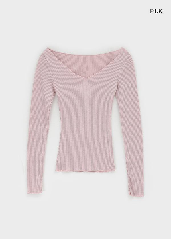 Jemper V-neck Cutout Ribbed Knit Long-sleeve Tee (33% Wool)