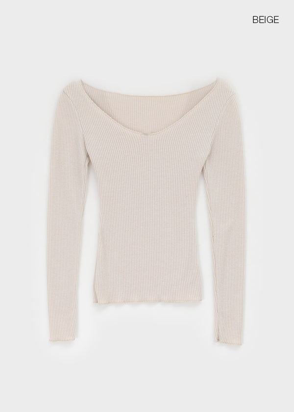 Jemper V-neck Cutout Ribbed Knit Long-sleeve Tee (33% Wool)