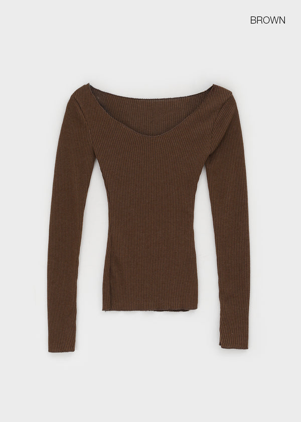 Jemper V-neck Cutout Ribbed Knit Long-sleeve Tee (33% Wool)