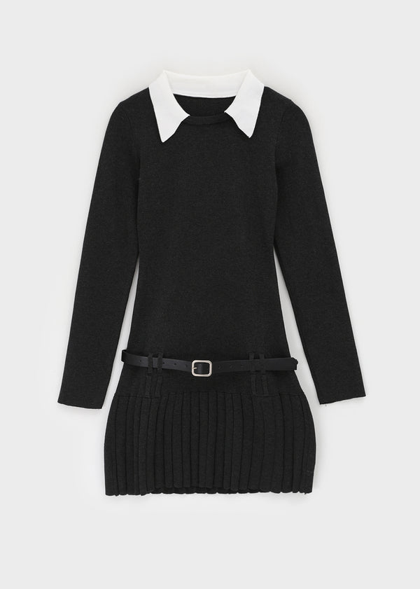Jetf Pleated Knit Mini Dress (Belt Set)