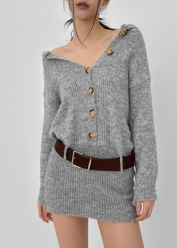 Pushu Cable Button Knit Mini Dress (Belt Set)