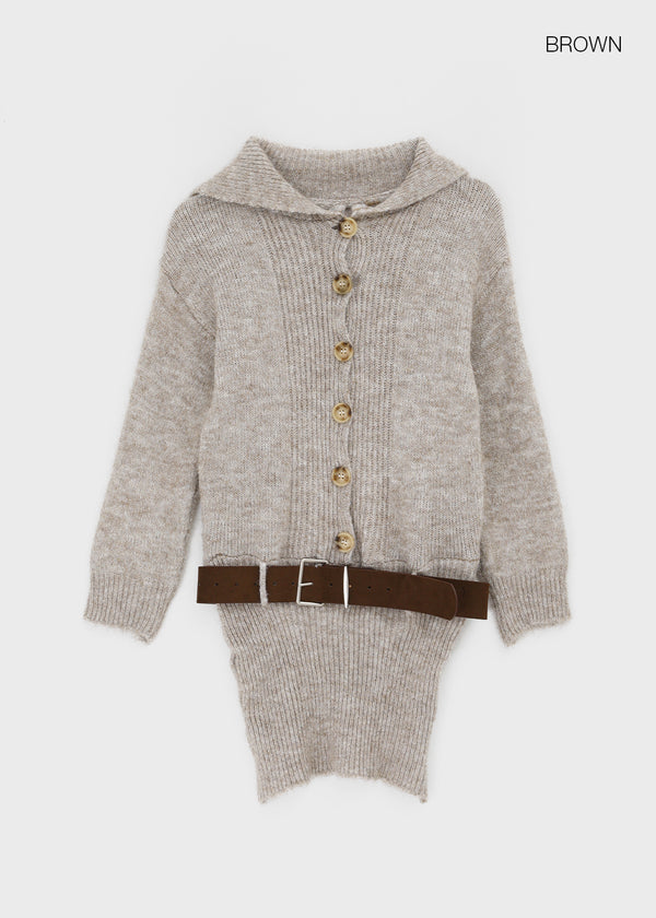 Pushu Cable Button Knit Mini Dress (Belt Set)