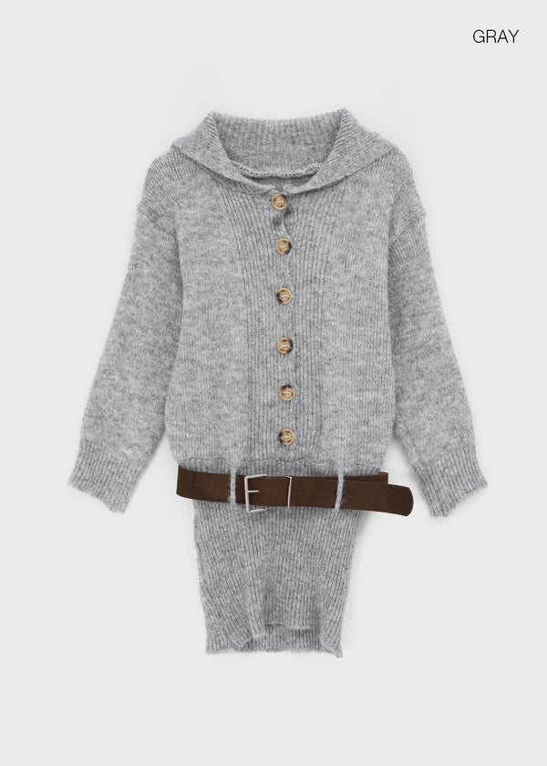 Pushu Cable Button Knit Mini Dress (Belt Set)