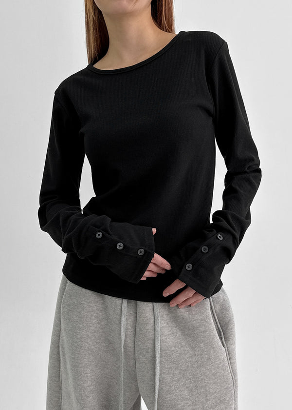 Shedo Fleece Ribbed Button Long Sleeve T-shirt