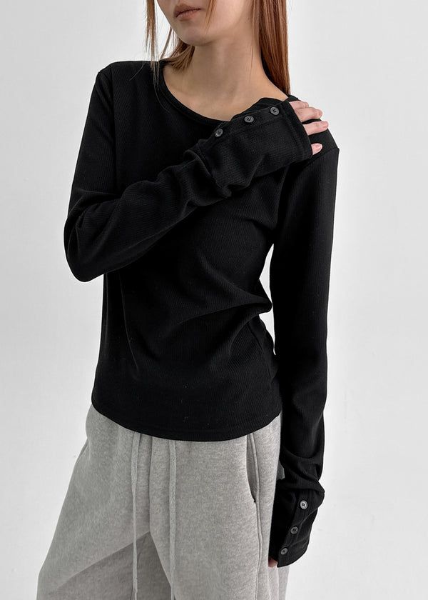 Shedo Fleece Ribbed Button Long Sleeve T-shirt