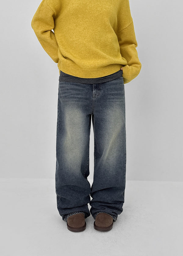 Puko Fleece Washed Wide Denim Pants