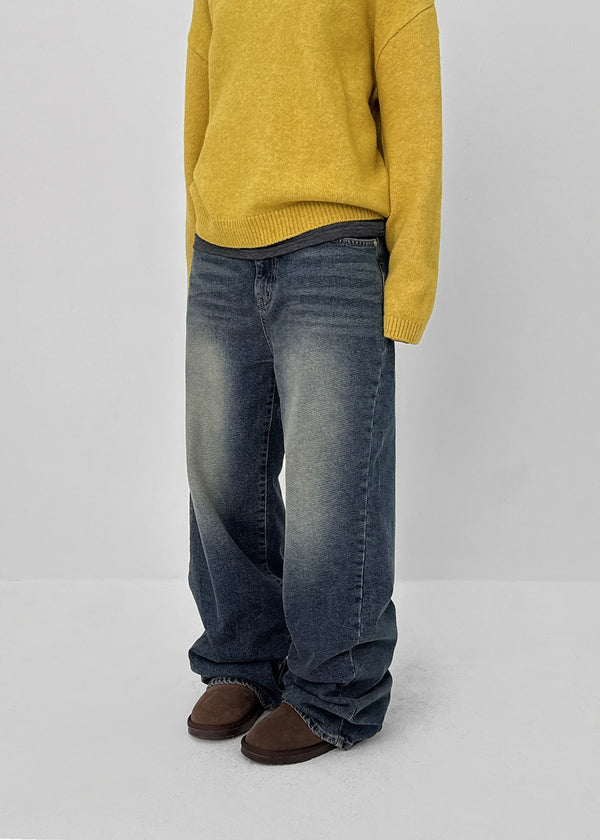 Puko Fleece Washed Wide Denim Pants
