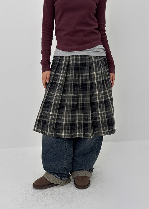 Nushin Outer Fleece Banding Pleated Check Midi Skirt