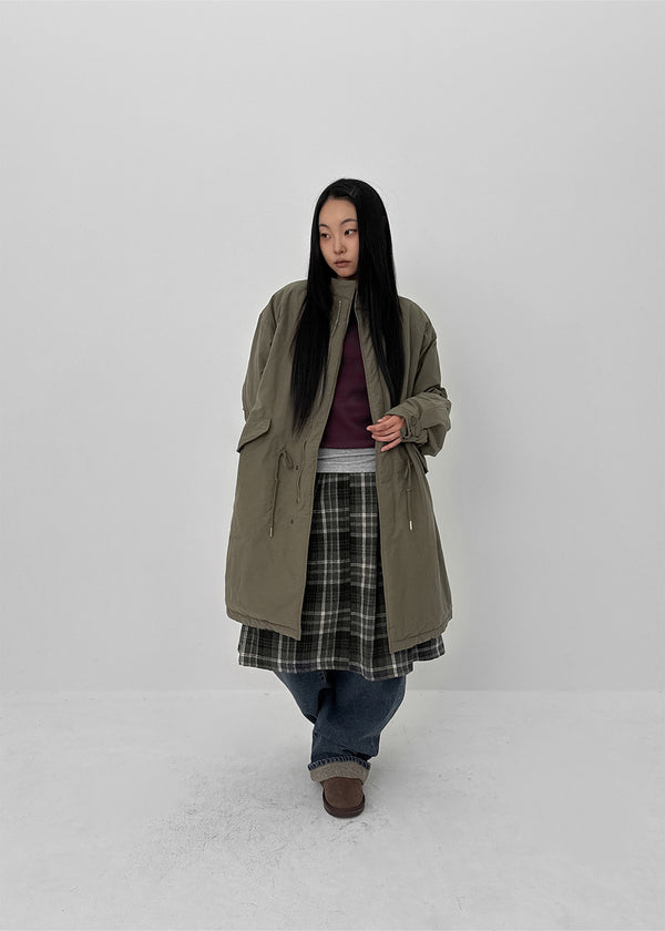 Nushin Outer Fleece Banding Pleated Check Midi Skirt