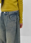 (UNISEX) Puening Pintuck Washed Wide Denim Pants