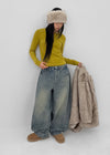 (UNISEX) Puening Pintuck Washed Wide Denim Pants