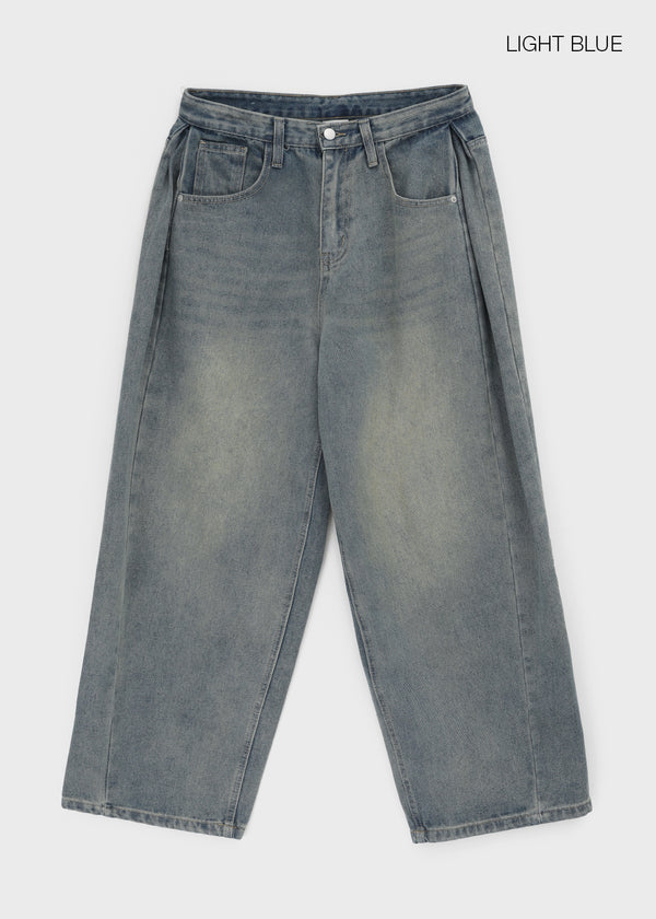 (UNISEX) Puening Pintuck Washed Wide Denim Pants