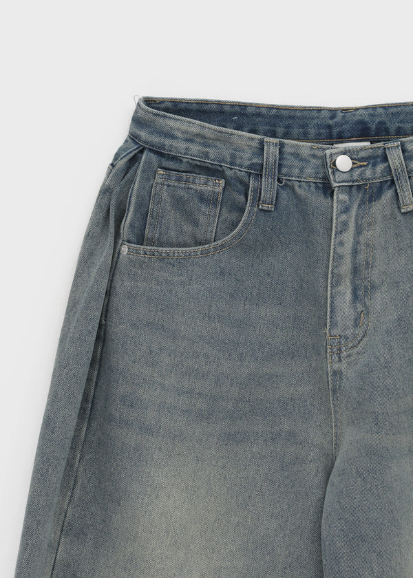 (UNISEX) Puening Pintuck Washed Wide Denim Pants