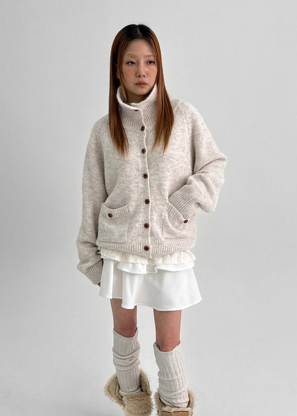 Minoko High-neck Pocket Wool Knit Cardigan