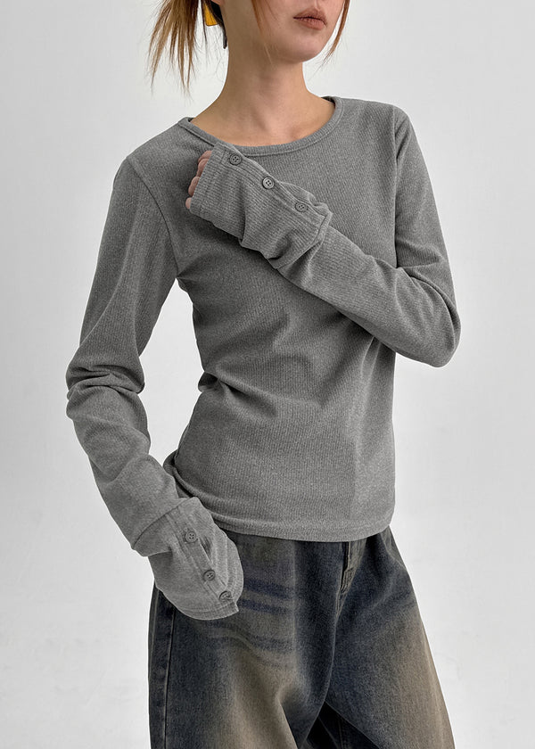 Shedo Fleece Ribbed Button Long Sleeve T-shirt