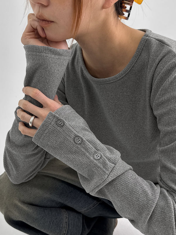 Shedo Fleece Ribbed Button Long Sleeve T-shirt