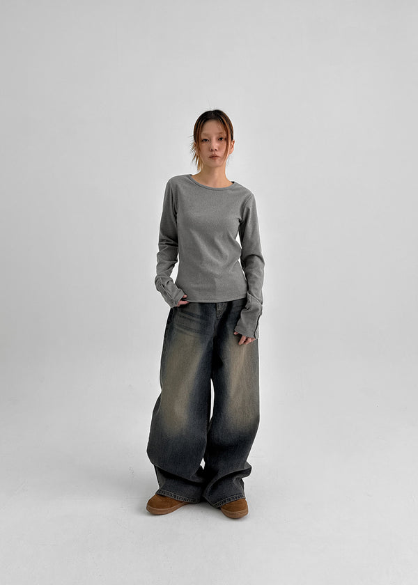 Shedo Fleece Ribbed Button Long Sleeve T-shirt