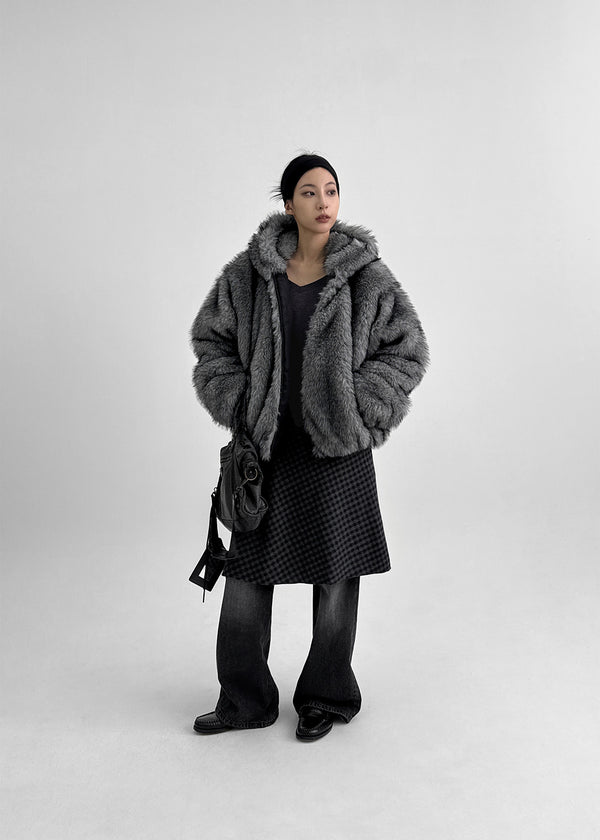 Noju Check Flare Wool Fleece Midi Skirt