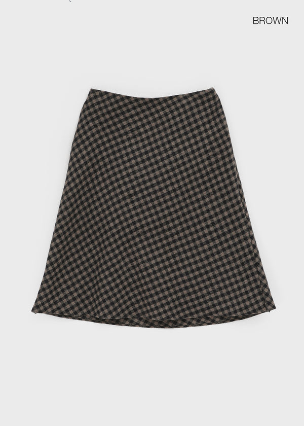 Noju Check Flare Wool Fleece Midi Skirt